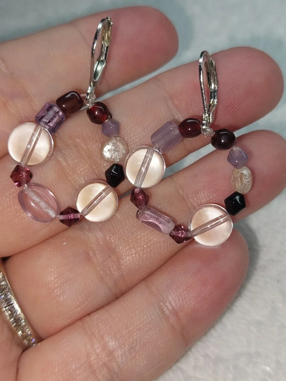 Multicolor Purple Glass Beaded Hoop Earrings Handmade Nwt